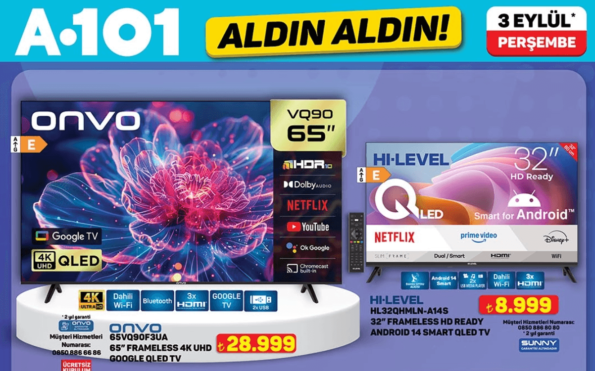 A101 3 Eylül 2026 Aldın Aldın kataloğu: QLED televizyonlar ve elektronik ürünler geliyor