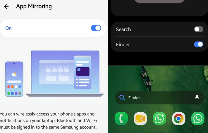 One UI 9.5 sızıntısı yeni Finder ve Uygulama Yansıtma özelliklerini gösterdi