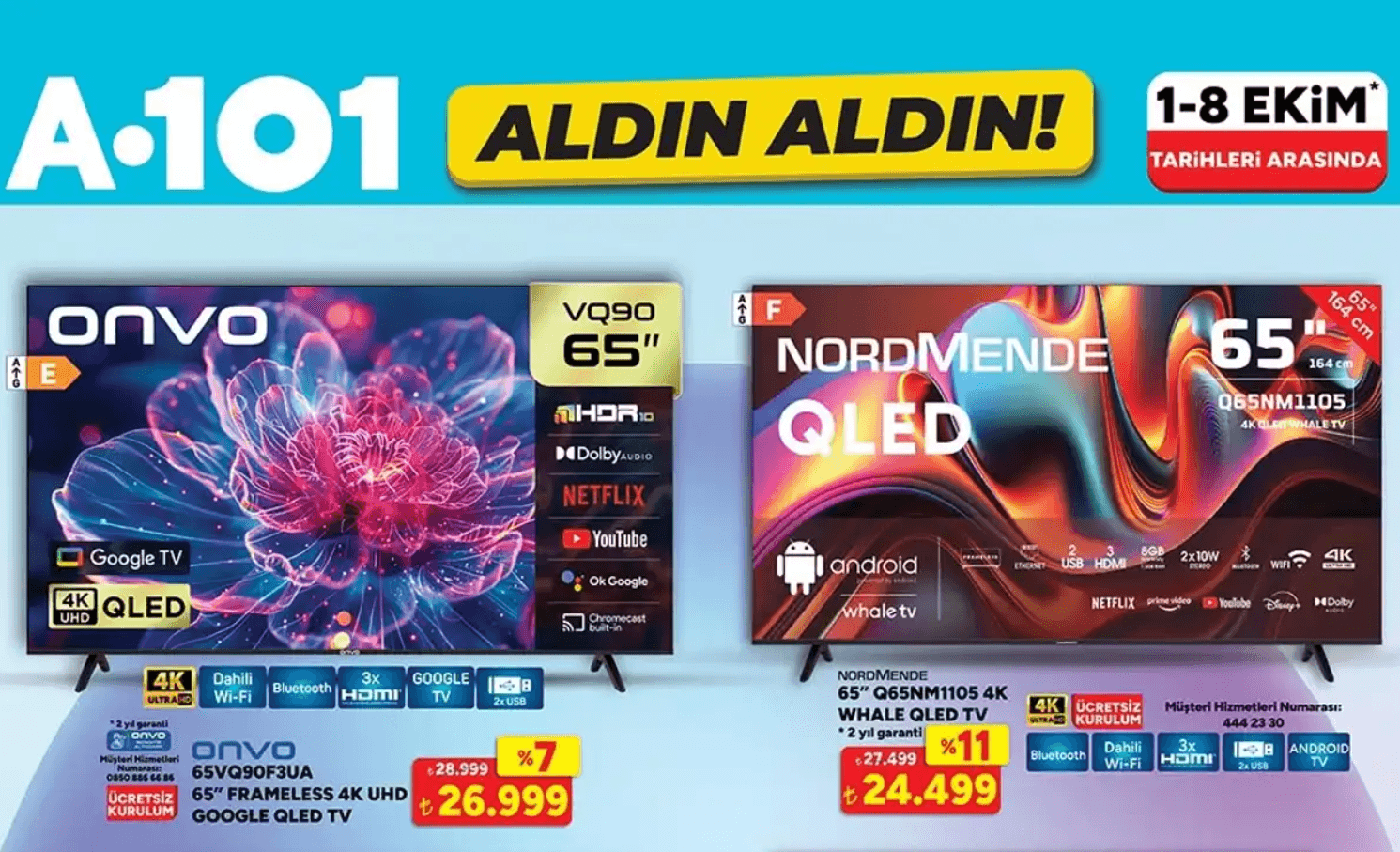 A101’de 1-8 Ekim televizyon indirimi: 65 inç Onvo 26.999 TL