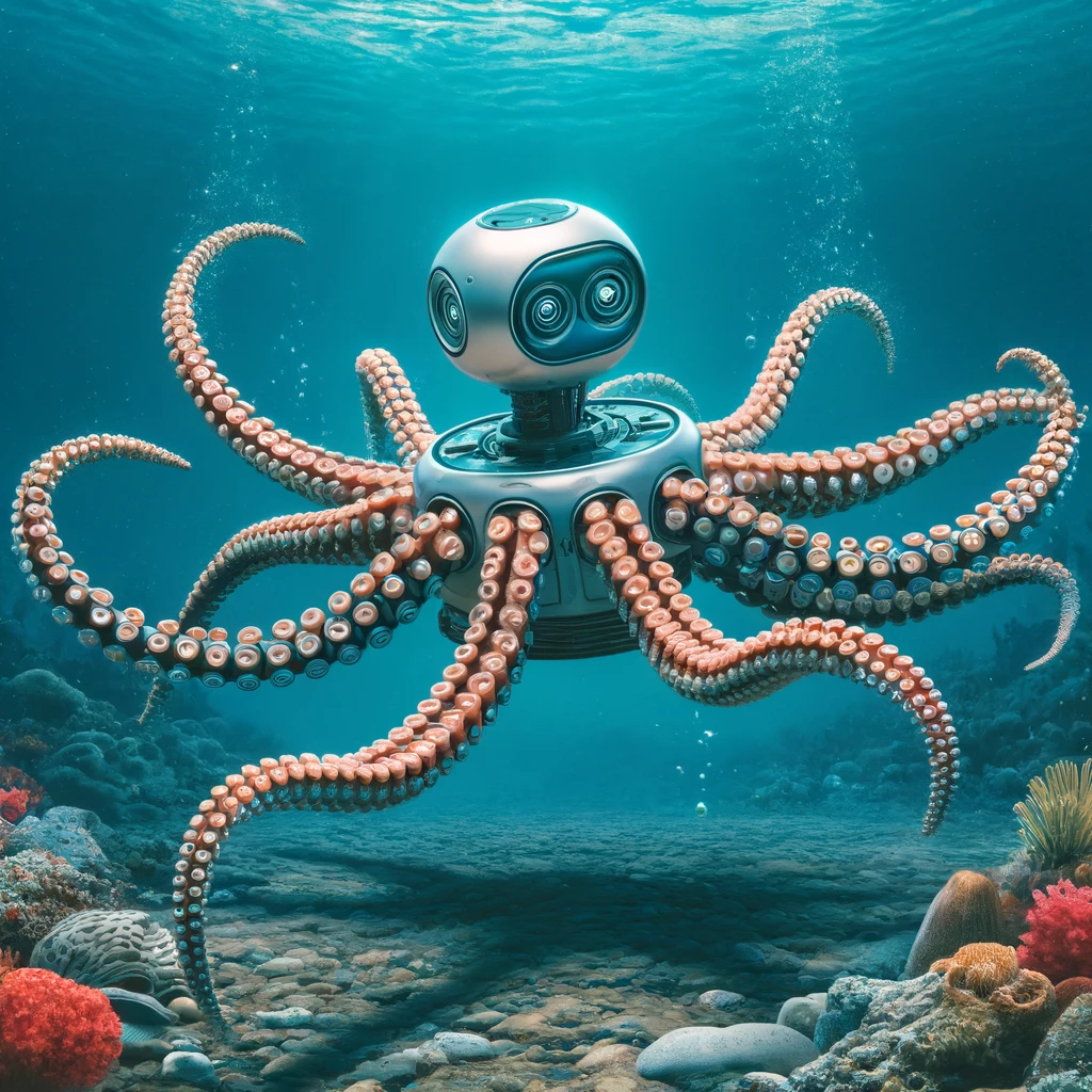 DALL·E-2024-04-16-20.40.39-An-artistic-representation-of-a-biomimetic-robot-inspired-by-an-octopus-showing-a-robot-with-flexible-tentacle-like-arms-equipped-with-suction-cups