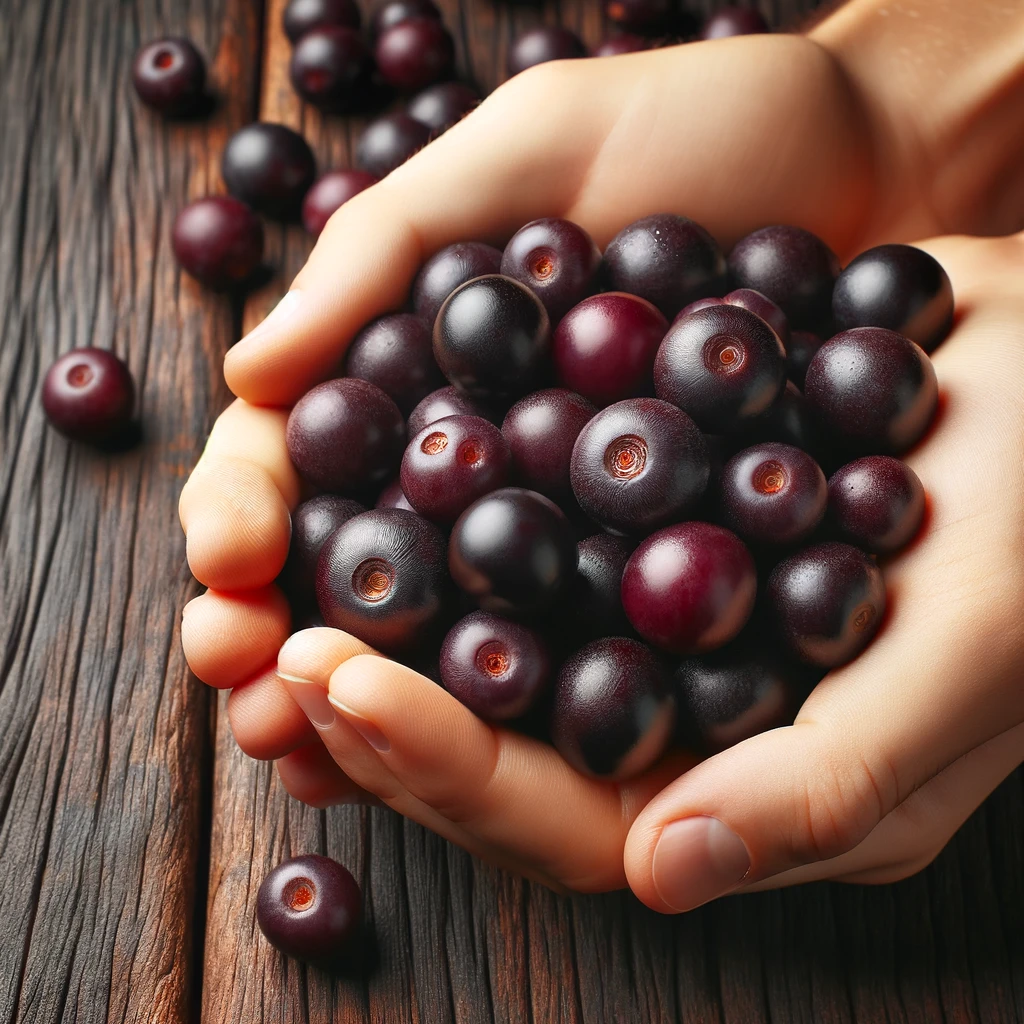 DALL·E-2024-04-17-09.39.38-Close-up-of-a-handful-of-fresh-acai-berries-held-over-a-wooden-background.-The-berries-are-deep-purple-and-glossy-showcasing-their-ripe-juicy-appear