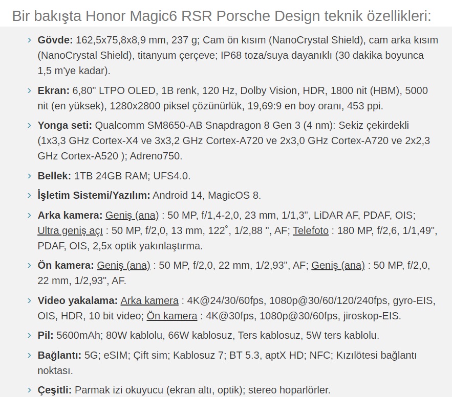 honor magic 6 rsr posche design teknik özellikler